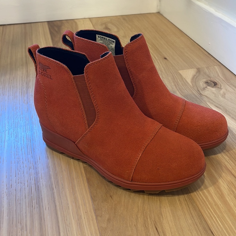 Sorel Women's Suede Ankle Booties in Rust Orange / Coral - Picture 2 of 5